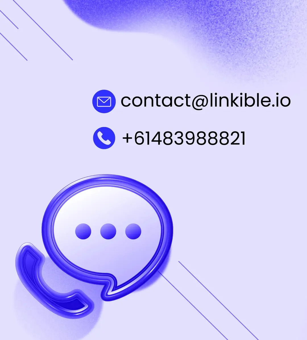 Contact us image with the email address contact@linkible.io and phone number +61483988821. It features a message bubble and telephone icon illustration.