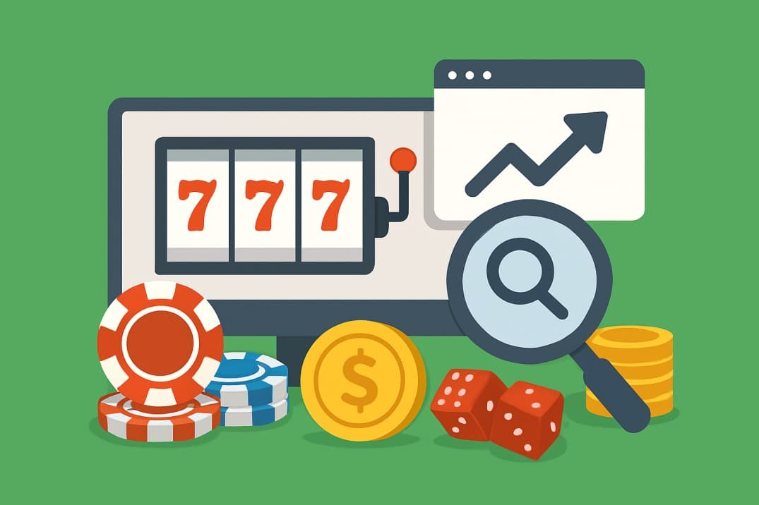 Online gambling SEO strategy with slot machine, chips, money, and magnifying glass analyzing market growth.