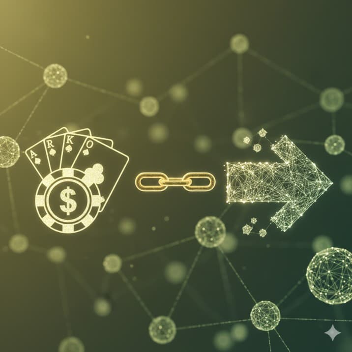 Link building strategy for online casino and iGaming sites, showing poker cards, a chip, a gold chain link, and a forward arrow on a digital network background.