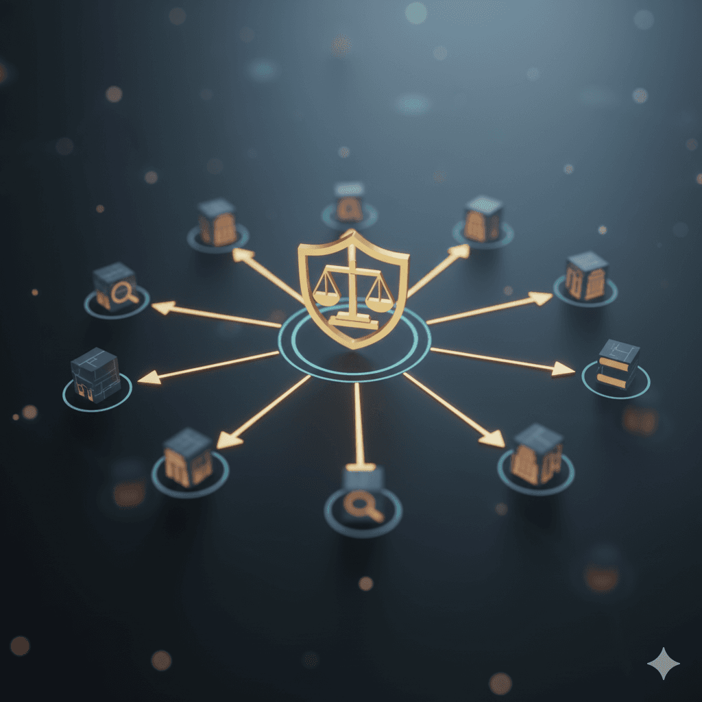 Golden legal shield and scales surrounded by investigation and research icons, symbolizing comprehensive law firm solutions provided by an attorney.